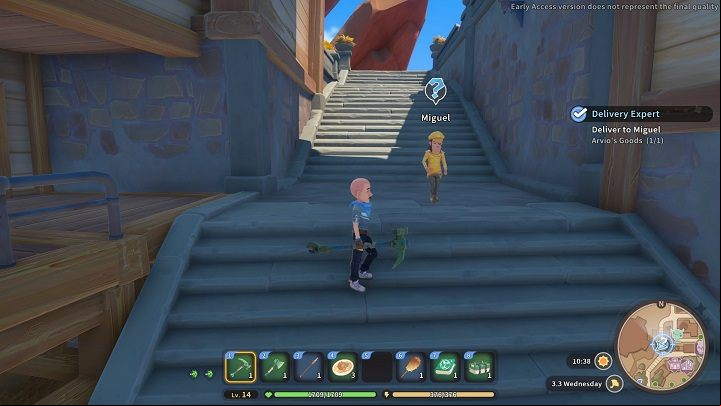 Miguel mainly stays at the Church of the Light, but he can often be found walking between the Temple and the City Hall - My Time at Sandrock: Delivery Expert - walkthrough - Side missions - My Time at Sandrock Guide, Walkthrough