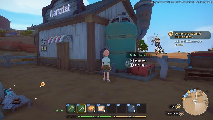 After talking to Burgess, approach the Water Tank in the workshop area (it's the large blue structure to the right of the cottage) - My Time at Sandrock: The Gift of Water - walkthrough - Side missions - My Time at Sandrock Guide, Walkthrough
