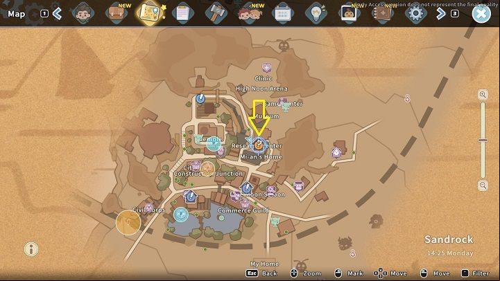 To do research, go to the Research Center located next to Mi-An's house - My Time at Sandrock: Research and Data Discs - Basics - My Time at Sandrock Guide, Walkthrough
