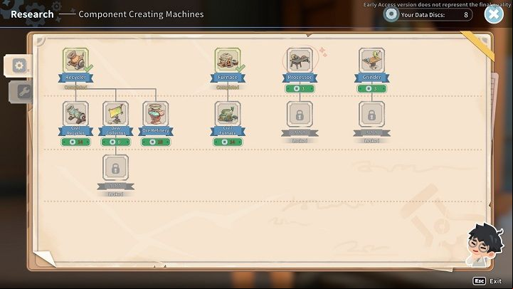 The research screen lists all of the currently available projects - My Time at Sandrock: Research and Data Discs - Basics - My Time at Sandrock Guide, Walkthrough