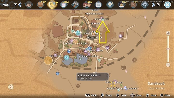 The Golden Goose Game Center can be found in the northeast part of town, near the Museum - My Time at Sandrock: Game Center - Basics - My Time at Sandrock Guide, Walkthrough