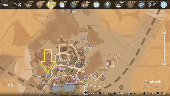 The Breach is located in the western part of the city, right next to Civil Corps - My Time at Sandrock: The Breach - Basics - My Time at Sandrock Guide, Walkthrough