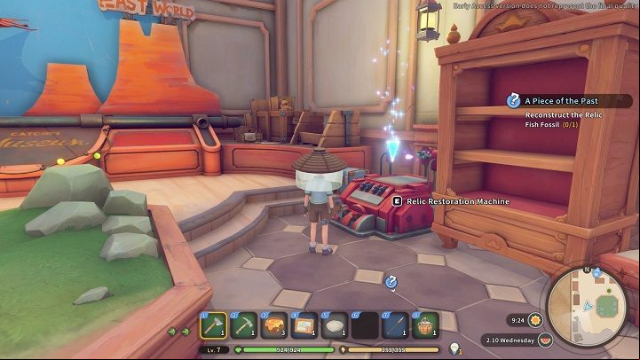 In the middle of the Museum, by the right wall, you will find the Relic Restoration Machine - My Time at Sandrock: A Piece of the Past - walkthrough - Side missions - My Time at Sandrock Guide, Walkthrough