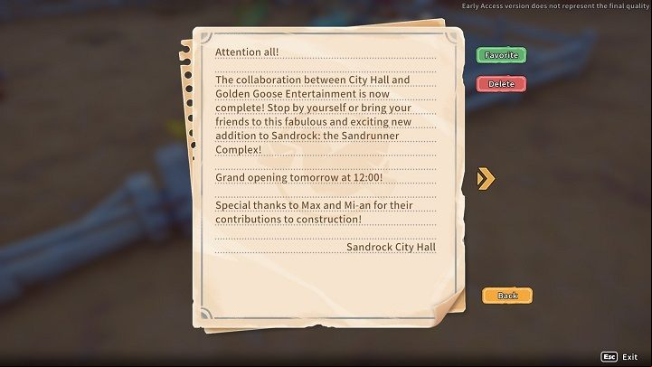The letter reveals the ceremony will take place the next day, at 12:00 - My Time at Sandrock: Sandapalooza - walkthrough - Main missions - My Time at Sandrock Guide, Walkthrough