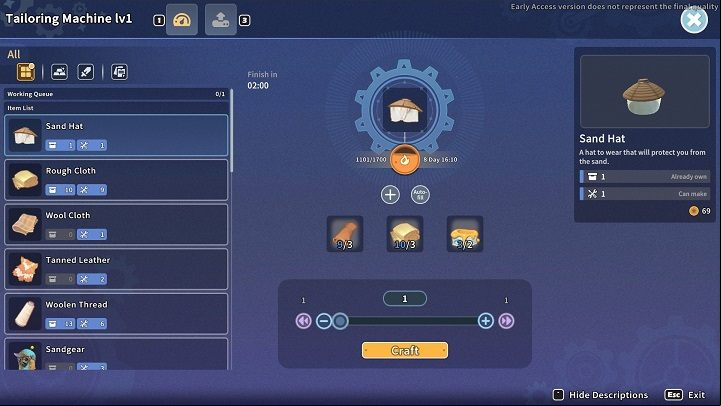 Interact with the Tailoring Machine to see a list of all the items you can craft with it - My Time at Sandrock: Tailoring Machine - how to build? - FAQ - My Time at Sandrock Guide, Walkthrough