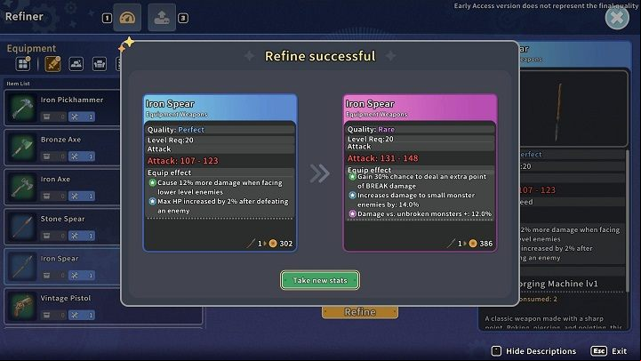 A window will appear, comparing the stats of the base item with its upgraded version - My Time at Sandrock: Items - how to upgrade? - FAQ - My Time at Sandrock Guide, Walkthrough