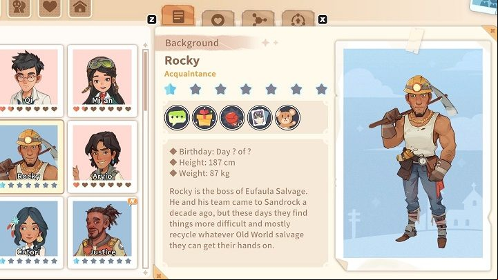 Rocky manages the Eufaula Salvage junkyard and mine - My Time at Sandrock: Characters and Romance - Basics - My Time at Sandrock Guide, Walkthrough