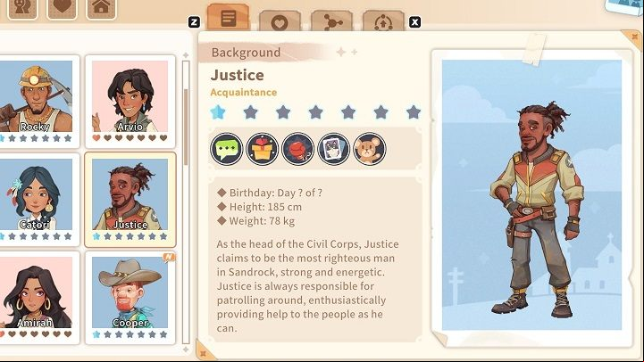 Justice has dedicated her life to upholding the law, caring about the safety of all city residents - My Time at Sandrock: Characters and Romance - Basics - My Time at Sandrock Guide, Walkthrough