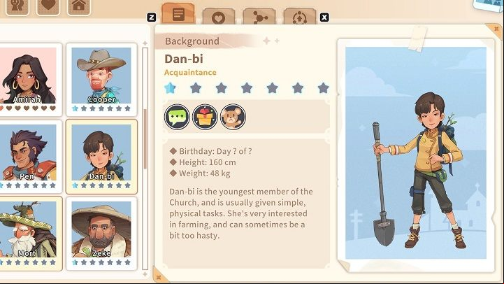 Dan-bi is dedicated to the church and often helps out at Church of the Light, where she mainly handles food deliveries - My Time at Sandrock: Characters and Romance - Basics - My Time at Sandrock Guide, Walkthrough
