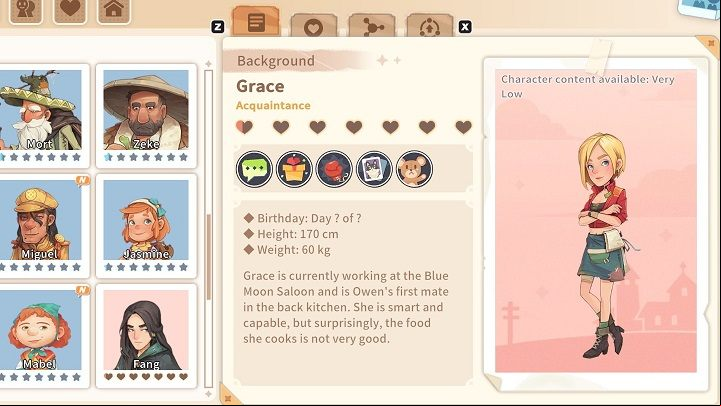 Although Grace is not an outstanding cook, her dishes served at the Blue Moon Saloon have their irers - My Time at Sandrock: Characters and Romance - Basics - My Time at Sandrock Guide, Walkthrough