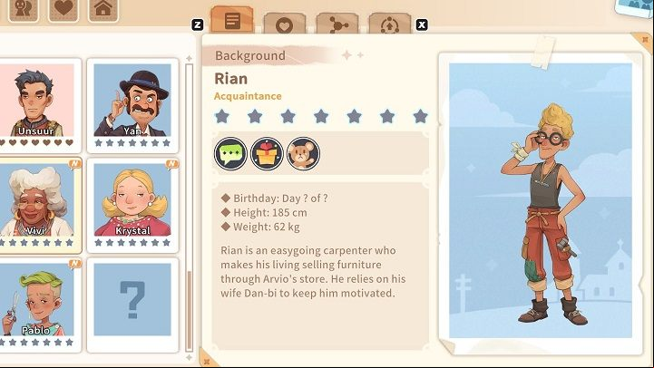 Rian loves to create, and gives vent to his artistic soul by building a variety of furniture - My Time at Sandrock: Characters and Romance - Basics - My Time at Sandrock Guide, Walkthrough