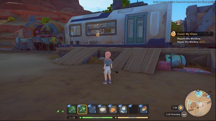 Once you have produced enough Glass, head almost to the very beginning of the train and use the materials to repair the glass - My Time at Sandrock: Cover My Glass - walkthrough - Main missions - My Time at Sandrock Guide, Walkthrough