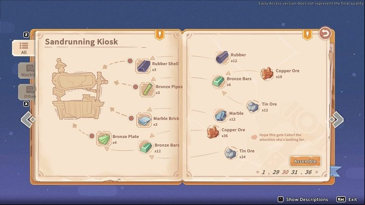 You have what you need - choose the Sandrunning Kiosk blueprint at the Intermediate Assembly Station - My Time at Sandrock: Recipe for Fun - walkthrough, solution - Main missions - My Time at Sandrock Guide, Walkthrough