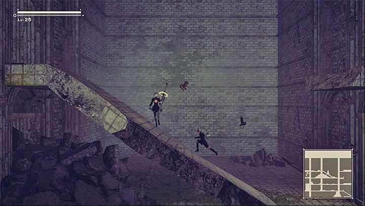 In selected moments, the camera can change its position and start showing the action e - NieR Automata: Camera - how to change? - Annex - NieR Automata Guide