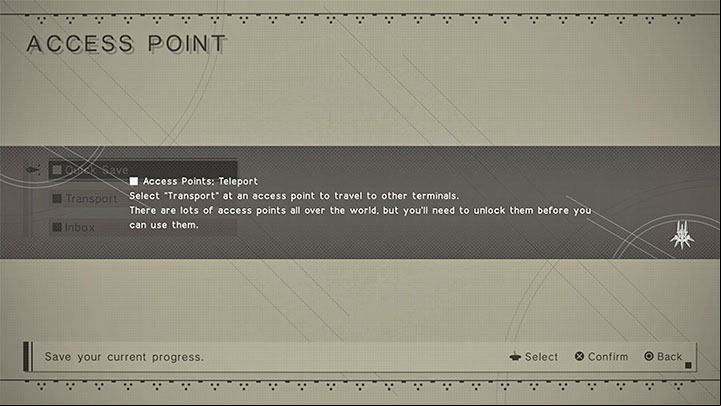 When you interact with the Access Point, you will get a message that the fast travel was unlocked - the game calls it 'transport' - NieR Automata: Fast travel - how to unlock and use? - FAQ - NieR Automata Guide