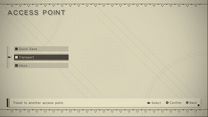 To use fast travel, you must interact with any Access Point and select Transport - NieR Automata: Fast travel - how to unlock and use? - FAQ - NieR Automata Guide