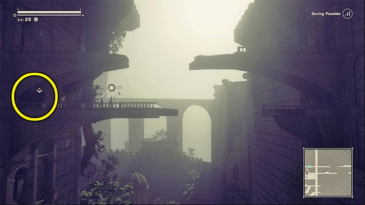Go back to the right and jump down to the lower shelf - NieR Automata: Weapons level four upgrade - how to achieve? - FAQ - NieR Automata Guide
