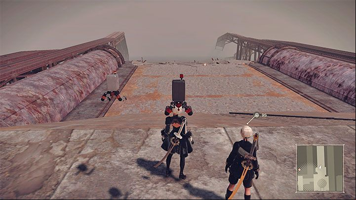 Near the access point there are stairs and a fairly linear path will lead you to the place where you fought against the goliath earlier - NieR Automata: Prologue factory - how to return? - FAQ - NieR Automata Guide