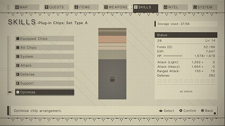 If you have problems placing the bar in an empty space, use the Optimize option to sort the installed chips and make it easier for you to install more - NieR Automata: Chips - how to install? - FAQ - NieR Automata Guide