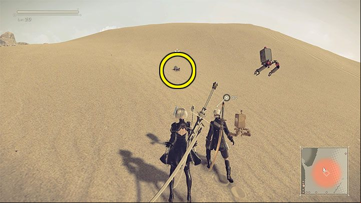 While searching the marked area, you will notice a dark object on one of the dunes - it's the Pod and you need to investigate it to obtain it - NieR Automata: All pods - how to unlock? - FAQ - NieR Automata Guide