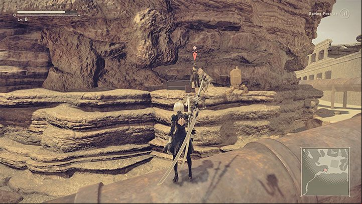 You will arrive at the Desert Zone from the City Ruins, and to get there, you will have to use the narrow age beneath the crooked skyscrapers - NieR Automata: Chapter 3, Route A - walkthrough - Route A - NieR Automata Guide