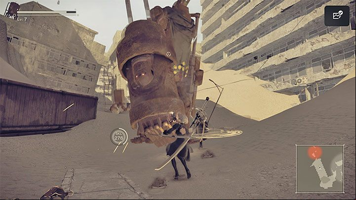 As you go further, you will come across a group of small machines and a larger Goliath Biped - NieR Automata: Chapter 3, Route A - walkthrough - Route A - NieR Automata Guide