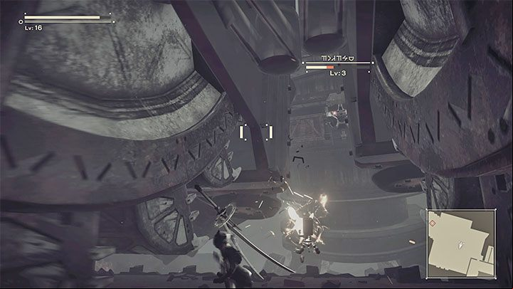 This Goliath, just like the previous one, can hit you with its upper limbs ended with working saws - NieR Automata: Chapter 5, Route A - walkthrough - Route A - NieR Automata Guide