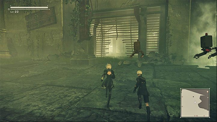 After winning the fight, a will watch a cut-scene involving the head of the machine, which will roll towards the barricaded age and explode - NieR Automata: Chapter 6, Route A - walkthrough - Route A - NieR Automata Guide