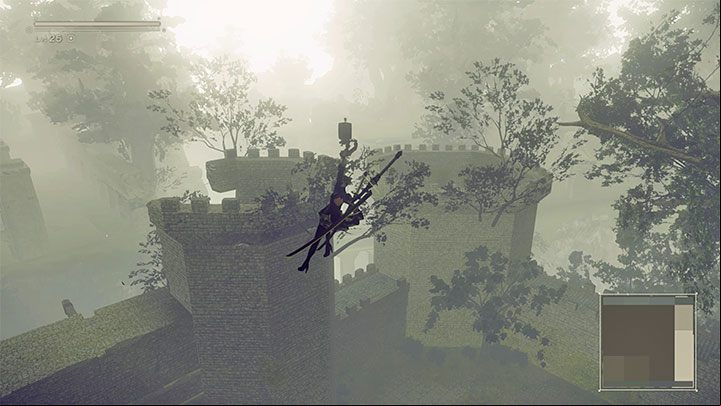 You can run to the left and perform a long jump, but do not forget to hold down the jump button to activate the glide - NieR Automata: Chapter 6, Route A - walkthrough - Route A - NieR Automata Guide