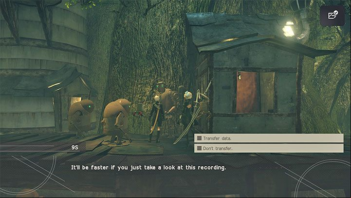 In the village, talk to Pascal and decide to transfer the data - NieR Automata: Chapter 7, Route A - walkthrough - Route A - NieR Automata Guide