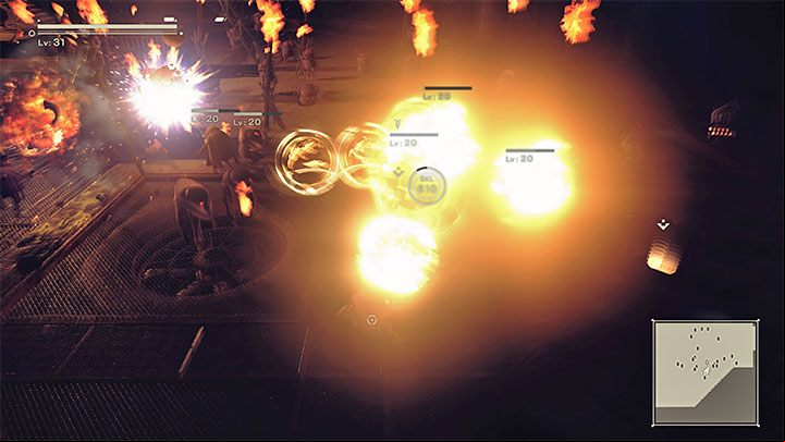 You start surrounded by enemy machines and you can dispose of the closest ones (it's a good idea to use powerful offensive programs such as the A130 Bomb), but new machines will constantly appear to replace defeated ones - NieR Automata: Chapter 2, Route A - walkthrough - Route A - NieR Automata Guide