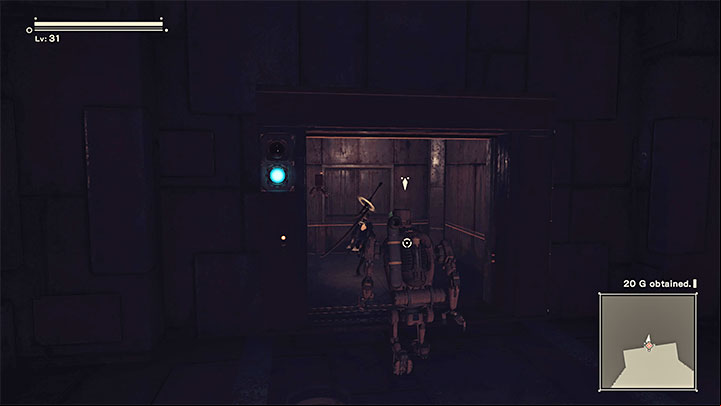 Wait until you get the message about the access to the elevator being unlocked and run to it, ignoring the other machines - NieR Automata: Chapter 2, Route A - walkthrough - Route A - NieR Automata Guide