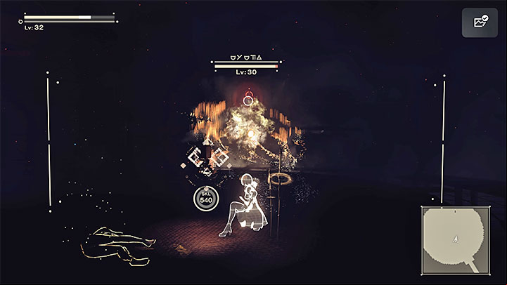 After the boss loses its shield thanks to 9S successfully hacking it, darkness will envelop the area and this is the time to attack - NieR Automata: Chapter 2, Route A - walkthrough - Route A - NieR Automata Guide