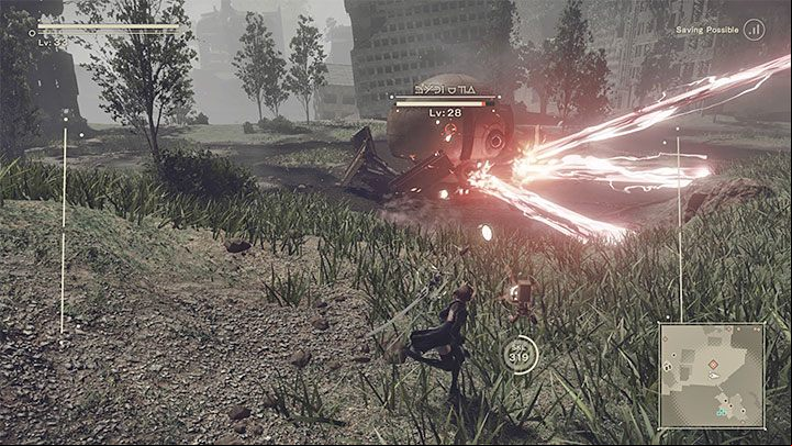 The giant spider also has ranged attacks - the mini-boss can shoot regular projectiles and larger energy streams - NieR Automata: Chapter 10, Ending A, Route A - walkthrough - Route A - NieR Automata Guide