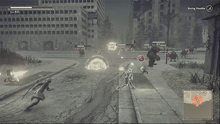 In each of the 3 locations, you will encounter a large group of machines and you can attack them using any of 2B's main attacks and Pod programs - NieR Automata: Chapter 11, 2B and 9S - Route C, D - walkthrough - Route C and D - NieR Automata Guide
