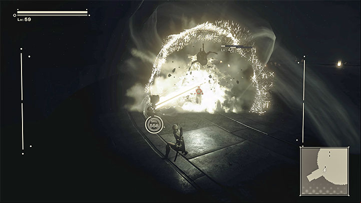 One of the battles will take place in the dark and it's worth using the option to lock your camera on the opponents so that your ranged attacks won't have the chance to miss - NieR Automata: Chapter 13, 9S - Route C, D - walkthrough - Route C & D - NieR Automata Guide