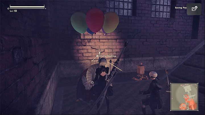 Stamp 3 - Find a Crying Machine holding balloons in one of the side alleys - NieR Automata: Amusement Park - walkthrough, side missions - Side missions - NieR Automata Guide