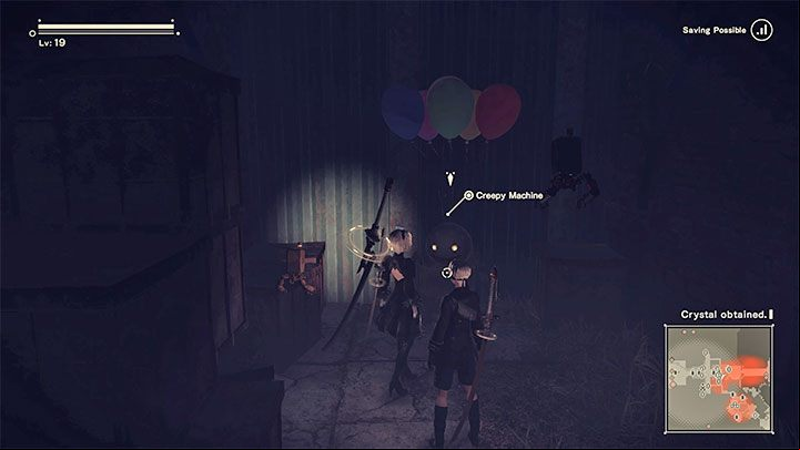 Stamp 4 - Find a Creepy Machine holding balloons in one of the side alleys - NieR Automata: Amusement Park - walkthrough, side missions - Side missions - NieR Automata Guide