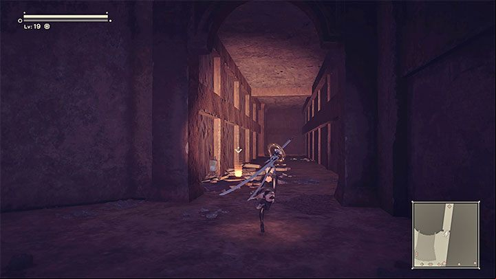 Stamp 10 - Stay inside the main building of the Amusement Park, but go back to its entrance and examine the side corridor shown in the picture - NieR Automata: Amusement Park - walkthrough, side missions - Side missions - NieR Automata Guide