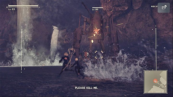 In the further part of the canyon, expect a confrontation with machines of 30-35 level of experience - Nier Automata: Forest Zone and Forest Castle - walkthrough, side missions - Side missions - NieR Automata Guide