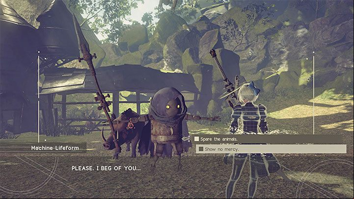 Quest description: When you reach the place, you will meet a single machine, which will shout to the heroes and try to drive them away - Nier Automata: Forest Zone and Forest Castle - walkthrough, side missions - Side missions - NieR Automata Guide