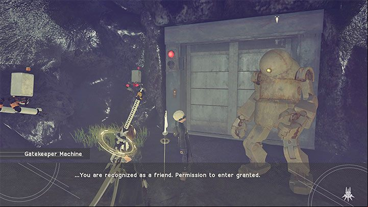 The entrance to the underground Colosseum is guarded by Gatekeeper Machine - Nier Automata: Forest Zone and Forest Castle - walkthrough, side missions - Side missions - NieR Automata Guide