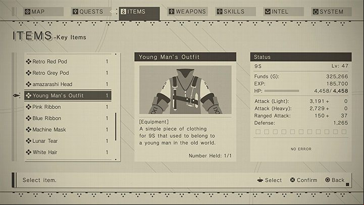 Each rank has its own rewards, and by defeating the first group of enemy machines, you can get a unique Young Man's Outfit for 9S, which you can put on in the inventory - Nier Automata: Forest Zone and Forest Castle - walkthrough, side missions - Side missions - NieR Automata Guide