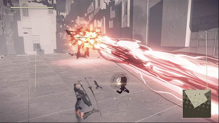 Run sideways and dodge a lot, as enemies have access to powerful red energy beams - NieR Automata: Chapter 17, 9S and A2 - Route C, D - walkthrough - Route C & D - NieR Automata Guide
