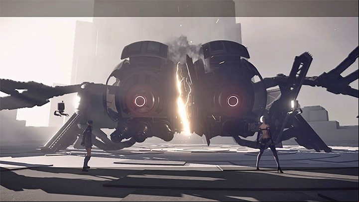 After defeating Ko-Shi as A2 and Ro-Shi as 9S, the bosses will combine, beginning the final battle - NieR Automata: Chapter 17, 9S and A2 - Route C, D - walkthrough - Route C & D - NieR Automata Guide