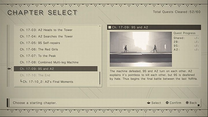 After you unlock and watch one of the endings, the Chapter Select option will be available, allowing you to repeat the completed chapters (whole or only fragments of them) - Nier Automata: Route C and Route D endings - walkthrough - Route C & D - NieR Automata Guide