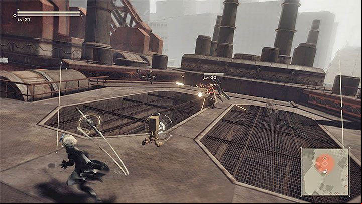 The camera lock-on mechanism can make attacking selected single enemies much easier - NieR Automata: Combat - Basics - NieR Automata Guide