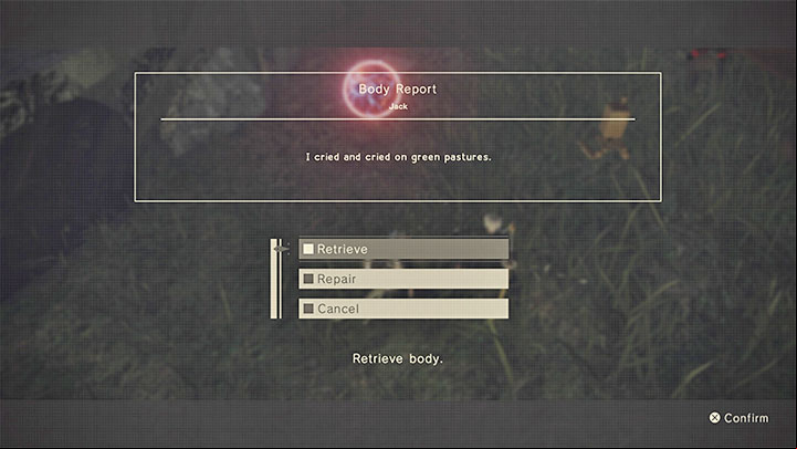 If you managed to get close to the body and interact with it, the following options will appear - NieR Automata: Death and its consequences - Basics - NieR Automata Guide