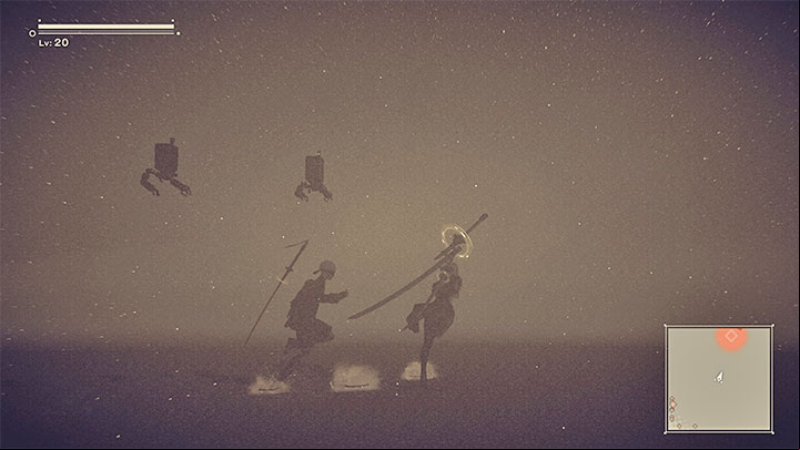 4) Invisible walls and other barriers appear in the game(such as the intense sandstorm from the screenshot above) and they can artificially limit the area you can explore - NieR Automata: Exploration - Basics - NieR Automata Guide