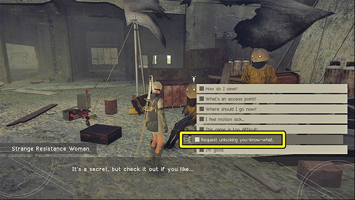 Select a new option from the dialogue prompts list Request unlocking you-know-what - NieR Automata: Trophy shop - how to unlock? - Appendix - NieR Automata Guide